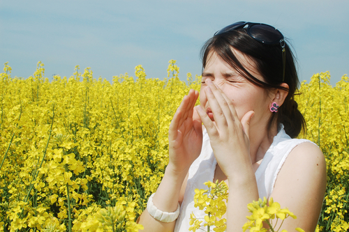 Woman in a field of flowers suffering from Eye Allergies